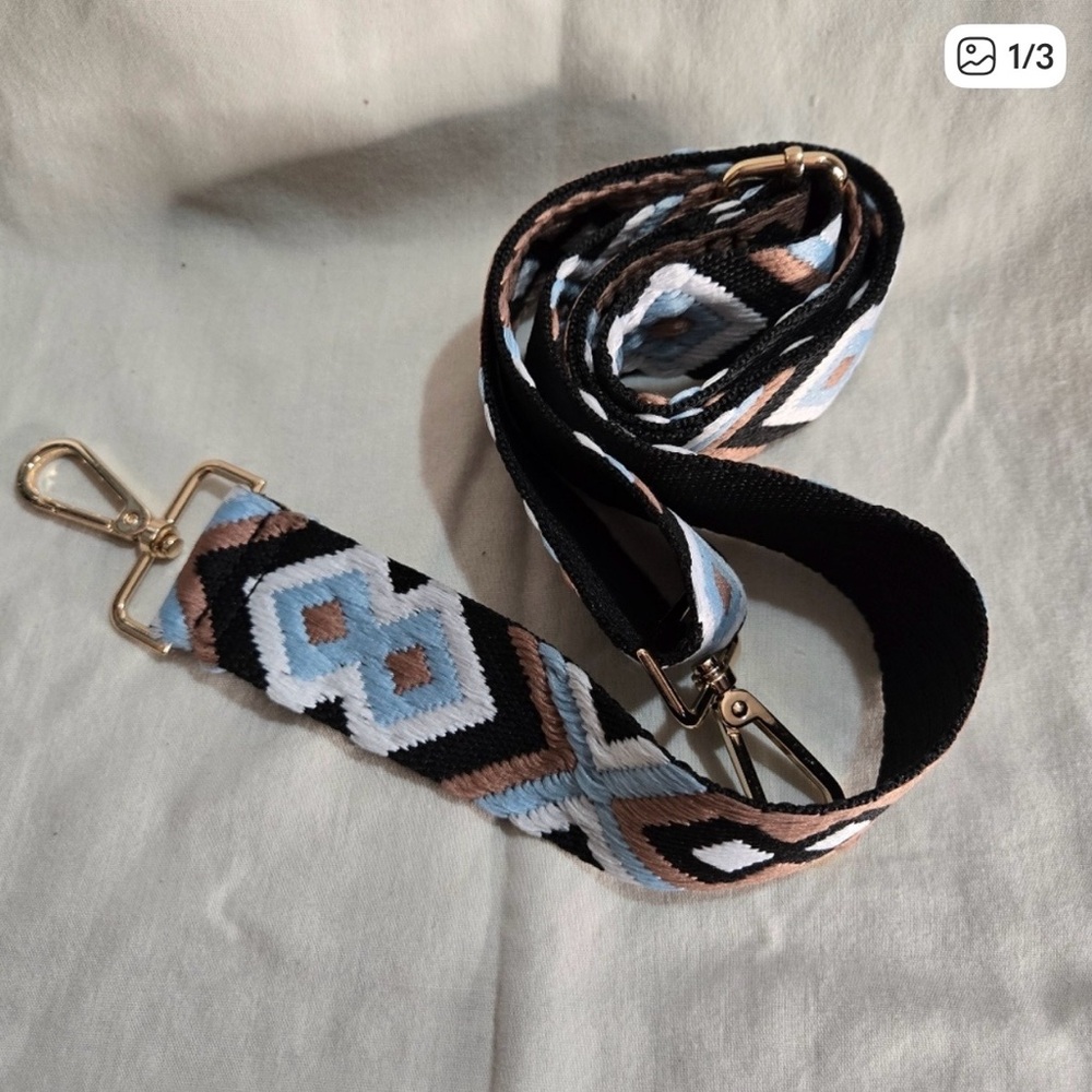 Bag strap adjustable woven with a tribal or geometric pattern gold-tone hardware